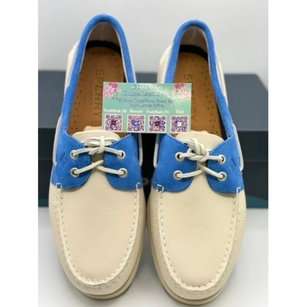Sperry Top-Sider Authentic‎ Original Mens Cream Blue Leather Suede Boat Shoes